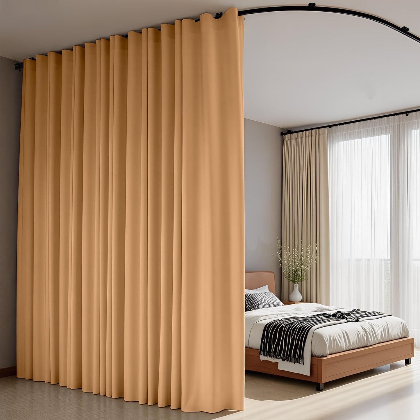 (Khaki)High-Density Silk-Look Blackout Divider Curtain & Black Track Kit