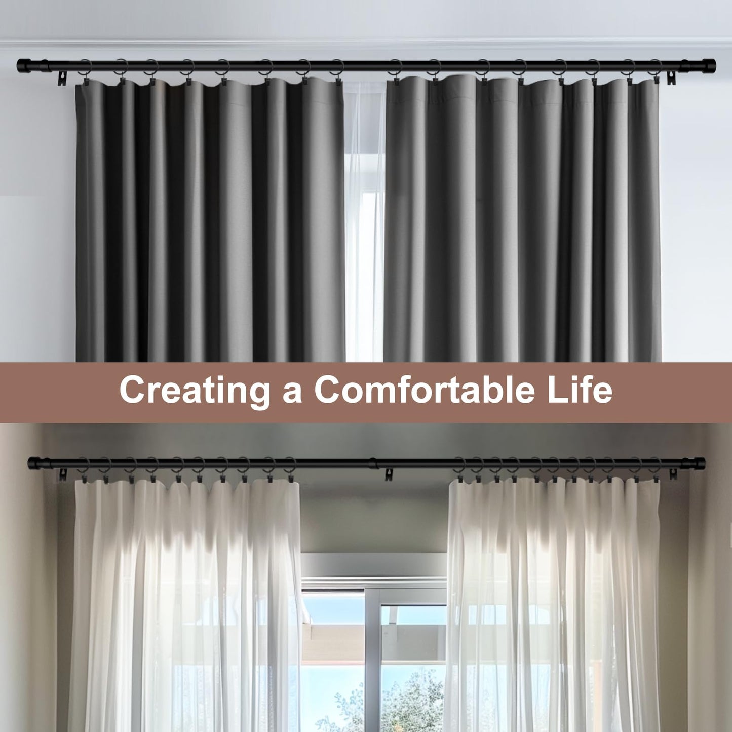 Curtains Rods for Windows 1 Inch Thick Heavy Duty Metal Curtain Rod with Curtain Rings with Clips Sets