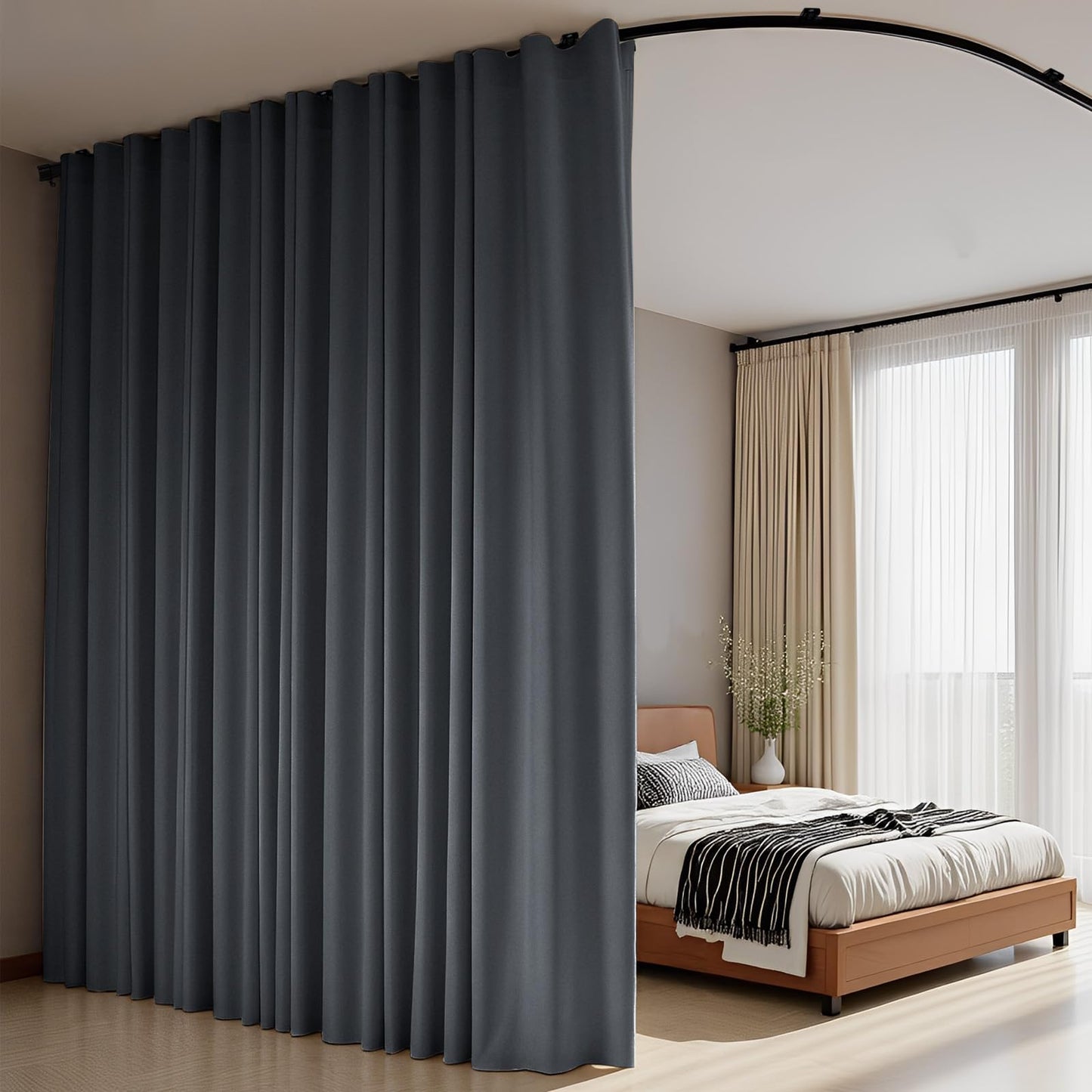 (Track-grey)High-Density Silk-Look Blackout Divider Curtain & Black Track Kit