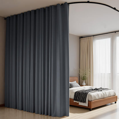 (Track-grey)High-Density Silk-Look Blackout Divider Curtain & Black Track Kit