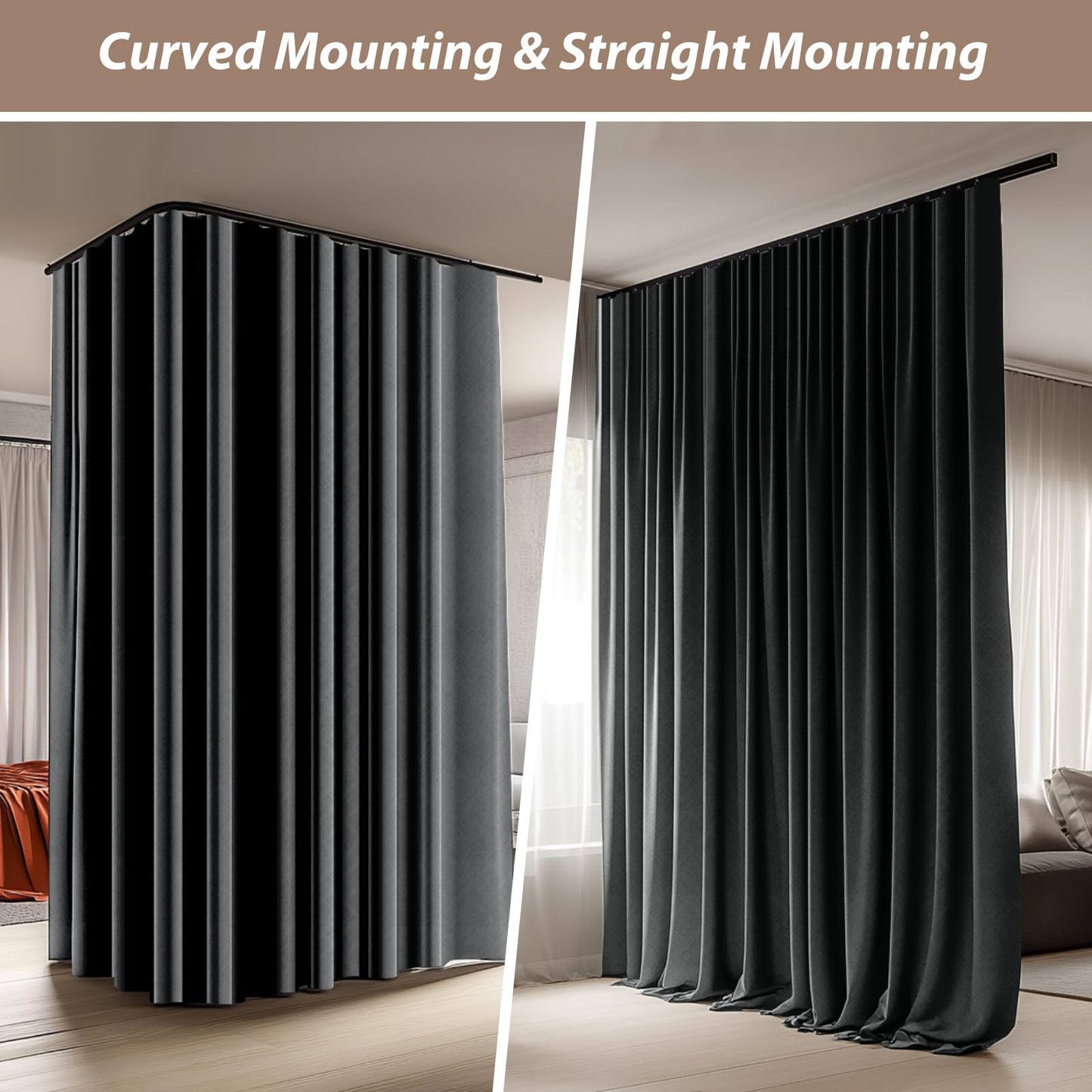 Benny Thermal Textured Blackout Room Divider Curtain Kit with Heavy-Duty Aluminum Bendable Ceiling Track Set