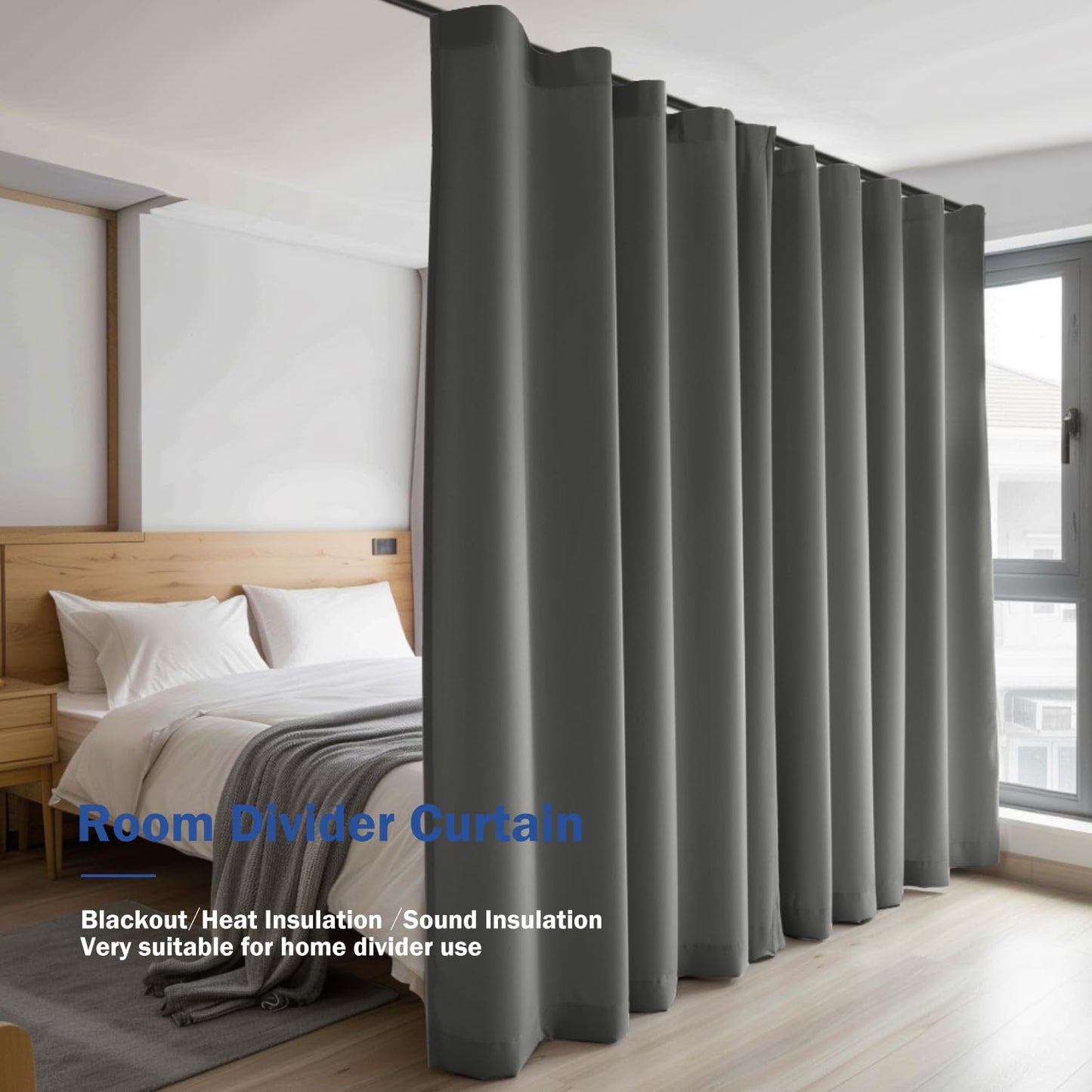 (Grey)High-Density Silk-Look Blackout Divider Curtain & White Track Kit