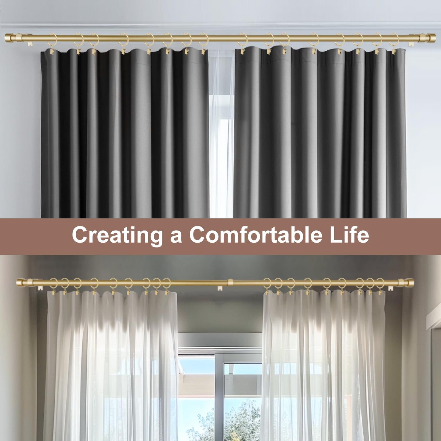 Curtains Rods for Windows 1 Inch Thick Heavy Duty Metal Curtain Rod with Curtain Rings with Clips Sets