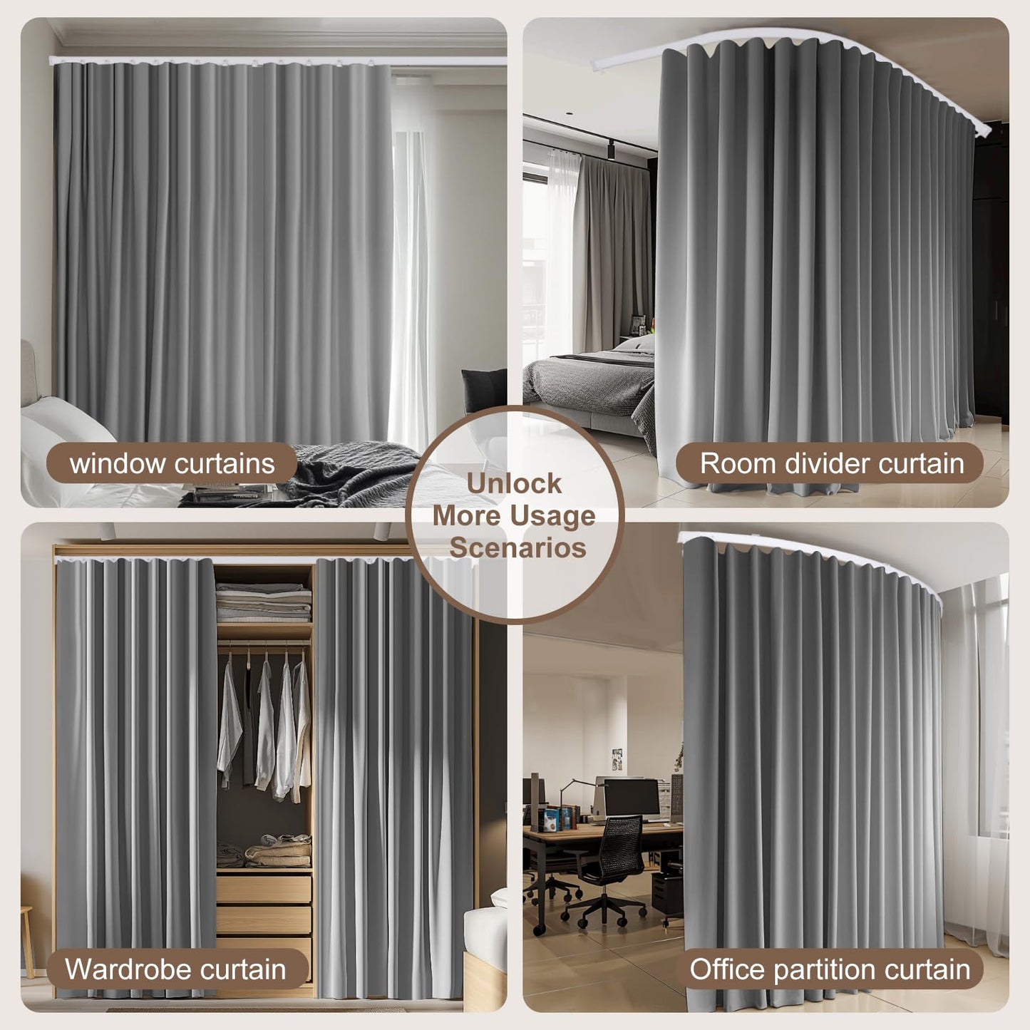 (grey)High-Density Silk-Look Blackout Divider Curtain & White Track Kit