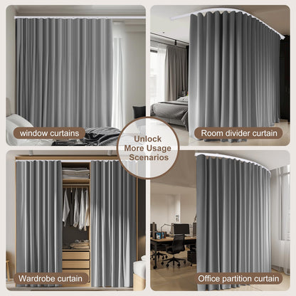 (grey)High-Density Silk-Look Blackout Divider Curtain & White Track Kit