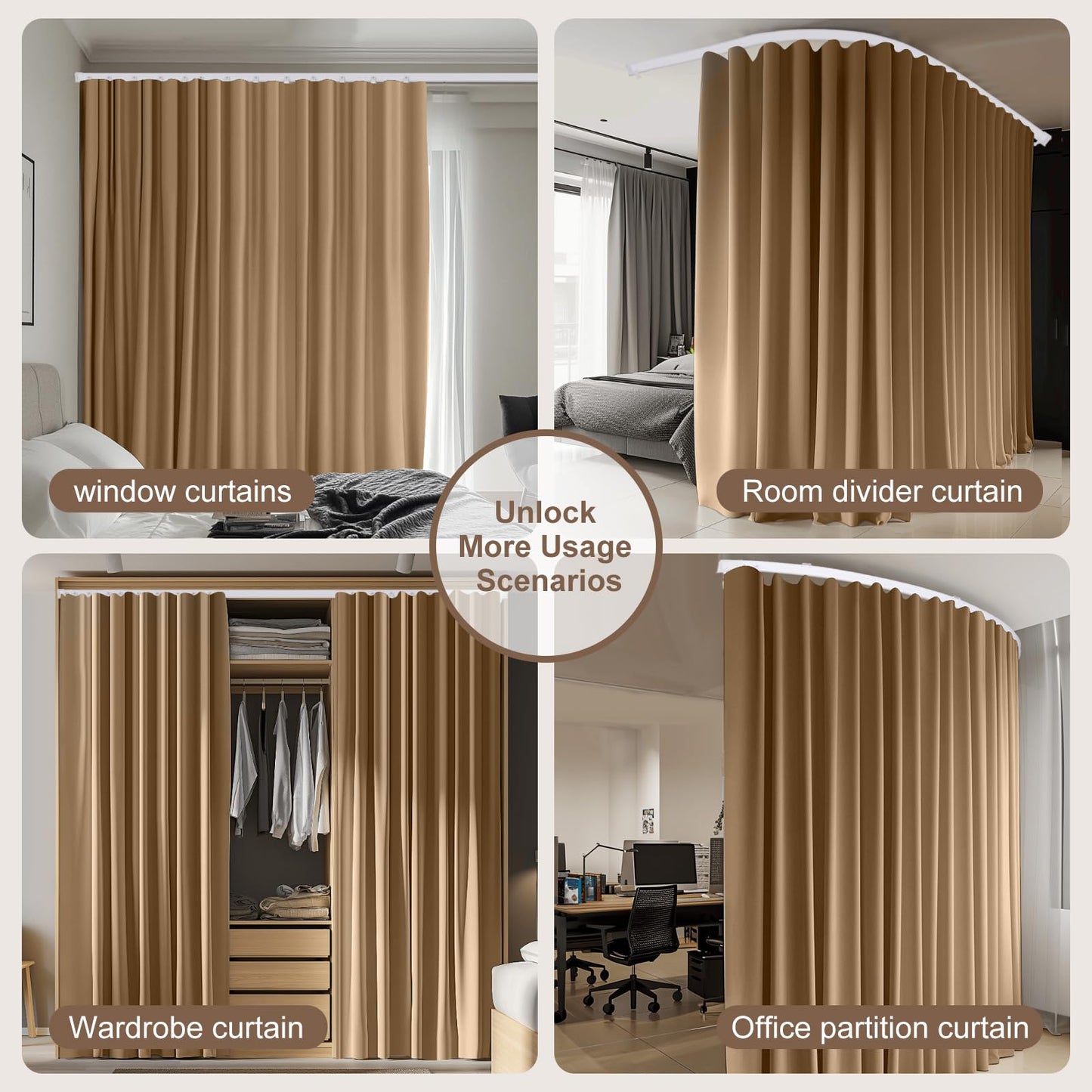 (Khaki)High-Density Silk-Look Blackout Divider Curtain & White Track Kit