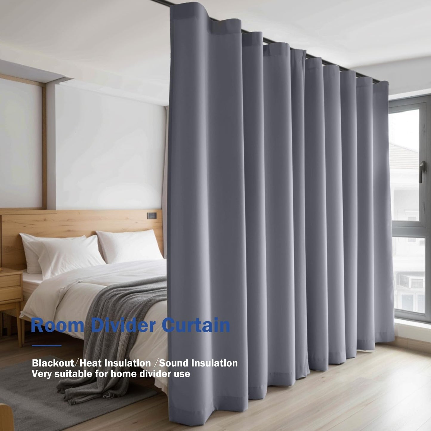 （Light Grey）High-Density Silk-Look Blackout Divider Curtain & White Track Kit