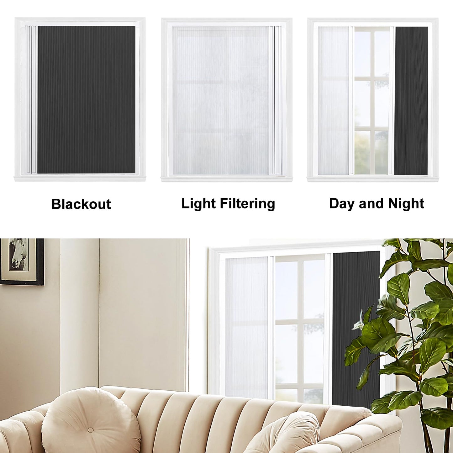 Day & Night Cordless Cellular Shades - Dual Sheer & Blackout Honeycomb Blinds (Custom Size)