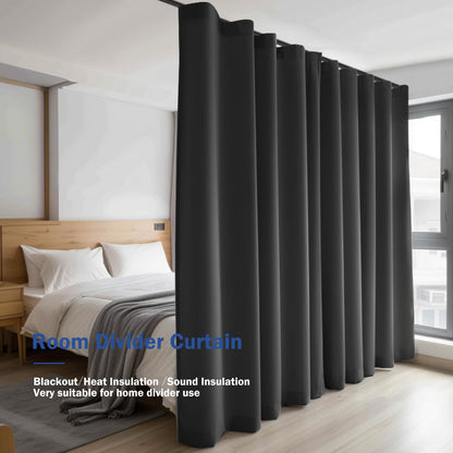 (Black)High-Density Silk-Look Blackout Divider Curtain & White Track Kit