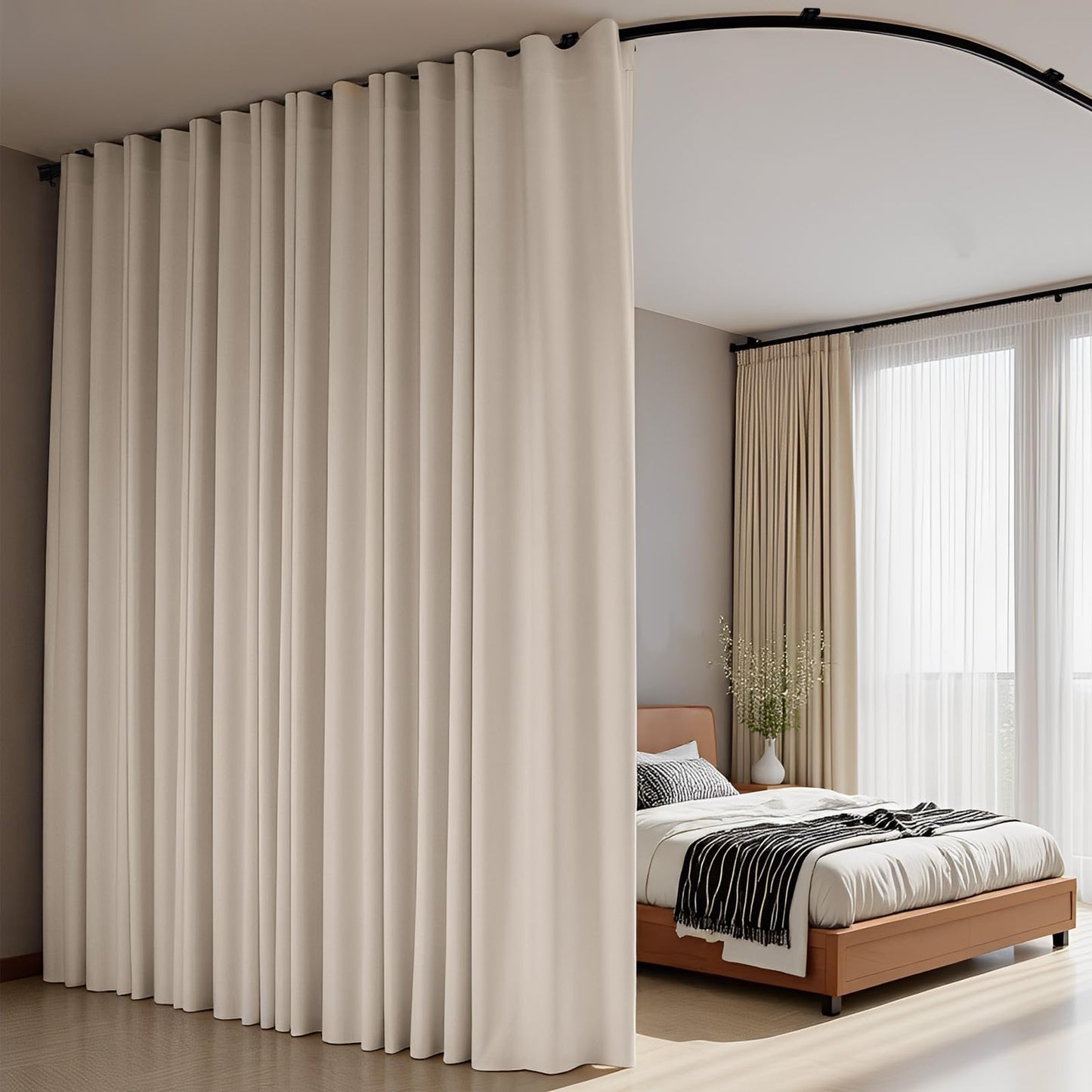 (Beige)High-Density Silk-Look Blackout Divider Curtain & Black Track Kit