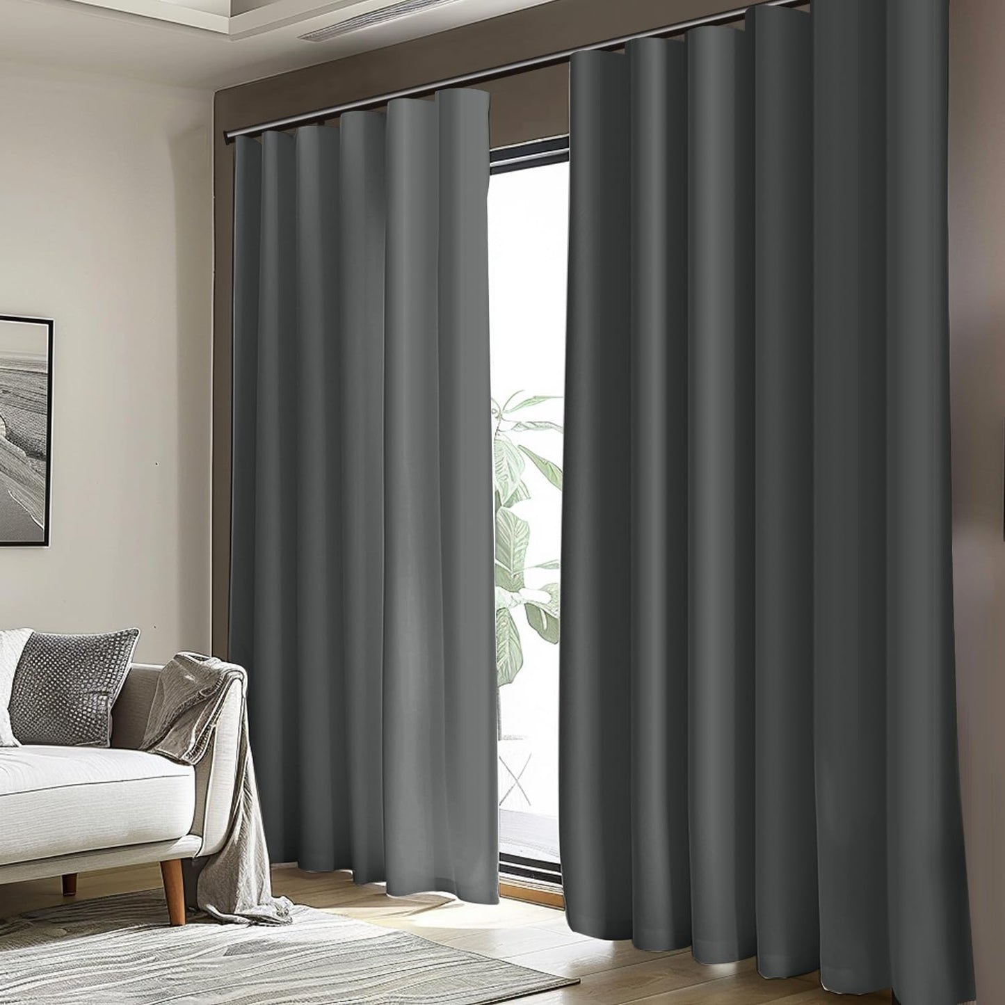 (Grey)High-Density Silk-Look Blackout Divider Curtain & White Track Kit
