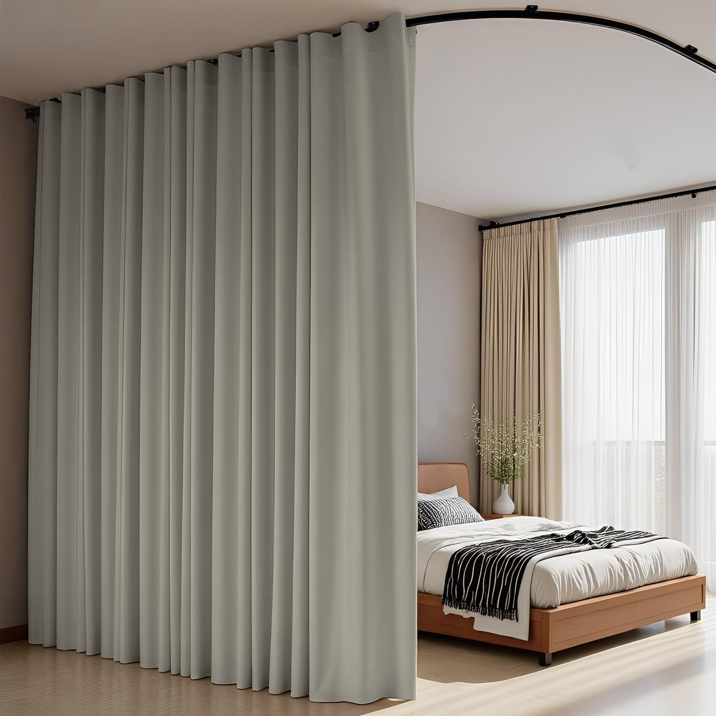 (Light-grey)High-Density Silk-Look Blackout Divider Curtain & Black Track Kit